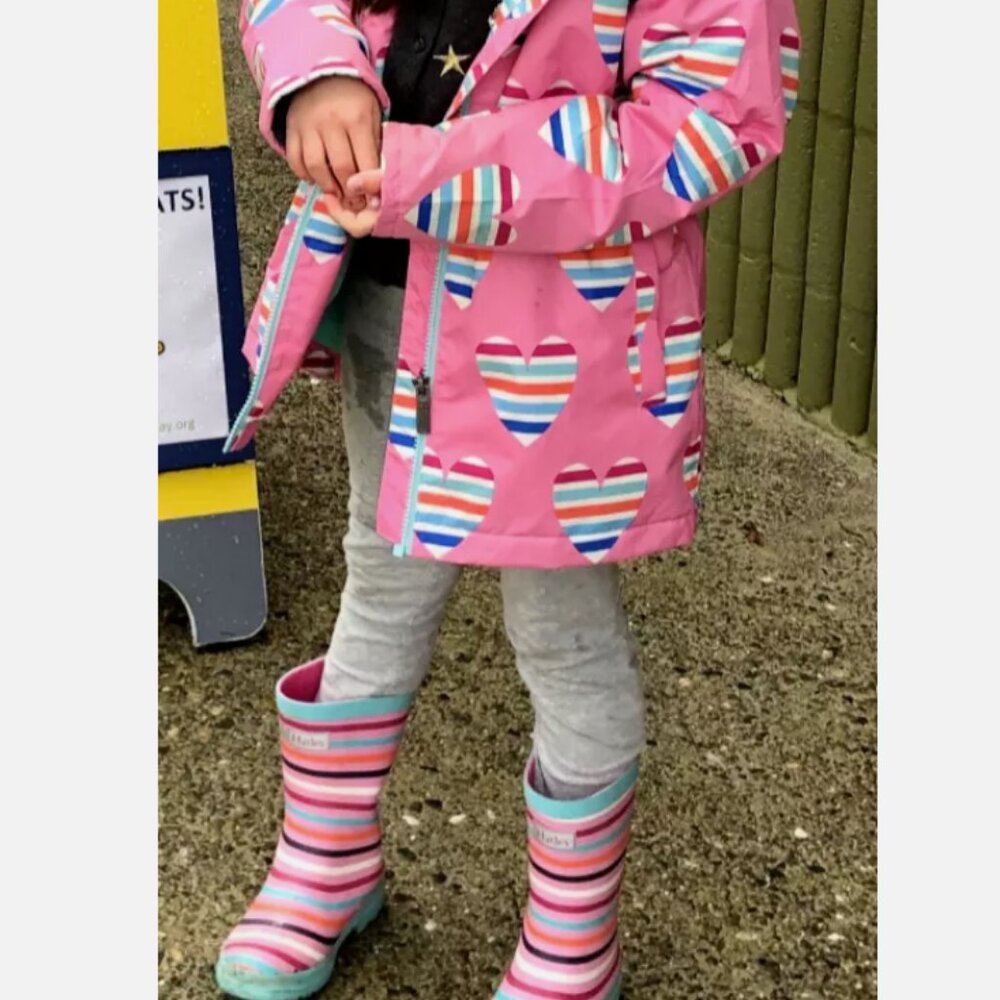 Hatley rain jacket (size 7) and rain boots (size 13) - hearts, hood, lined